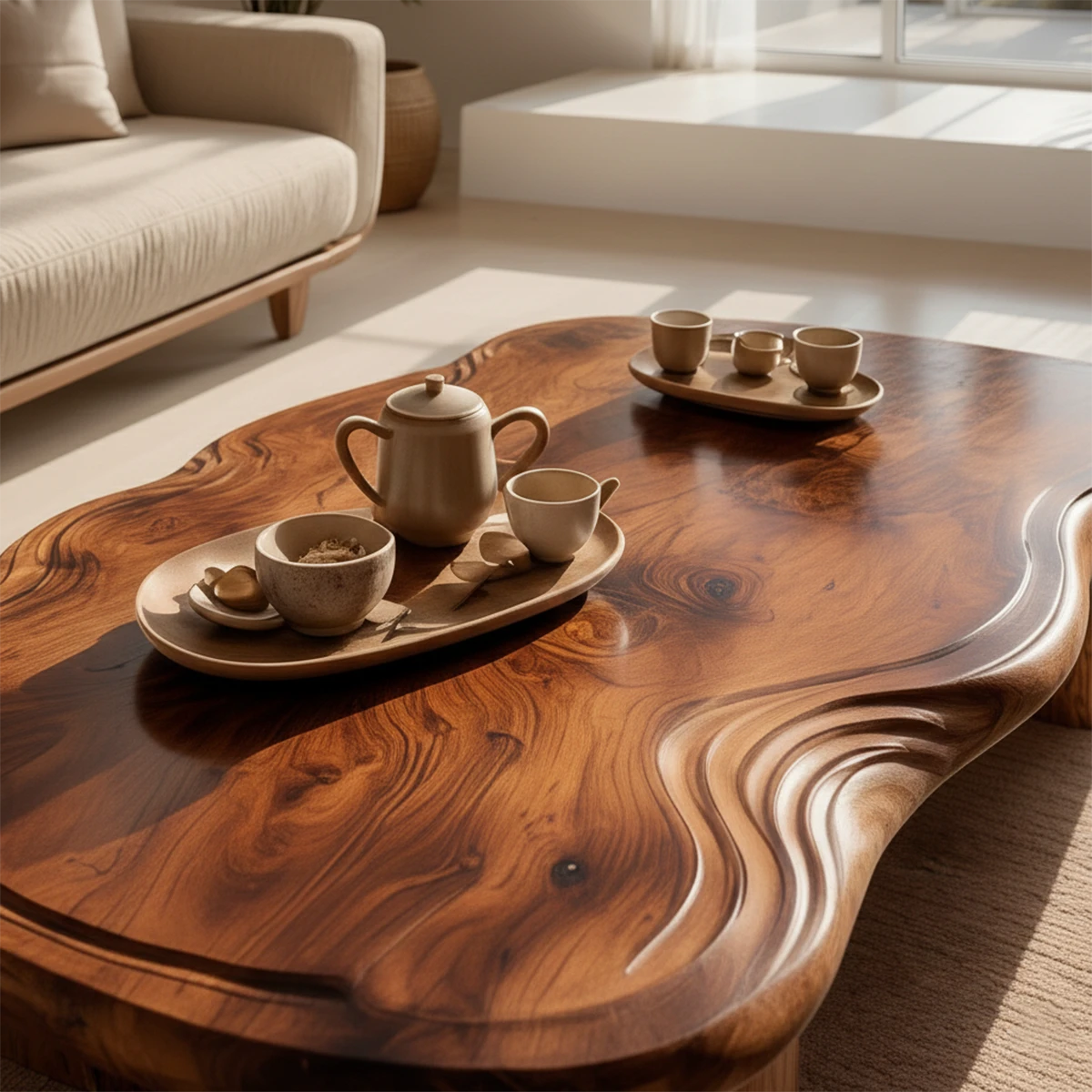 Organic Live Edge Coffee Table – Natural Wood Center Table for Modern Living Room - Woodenecho