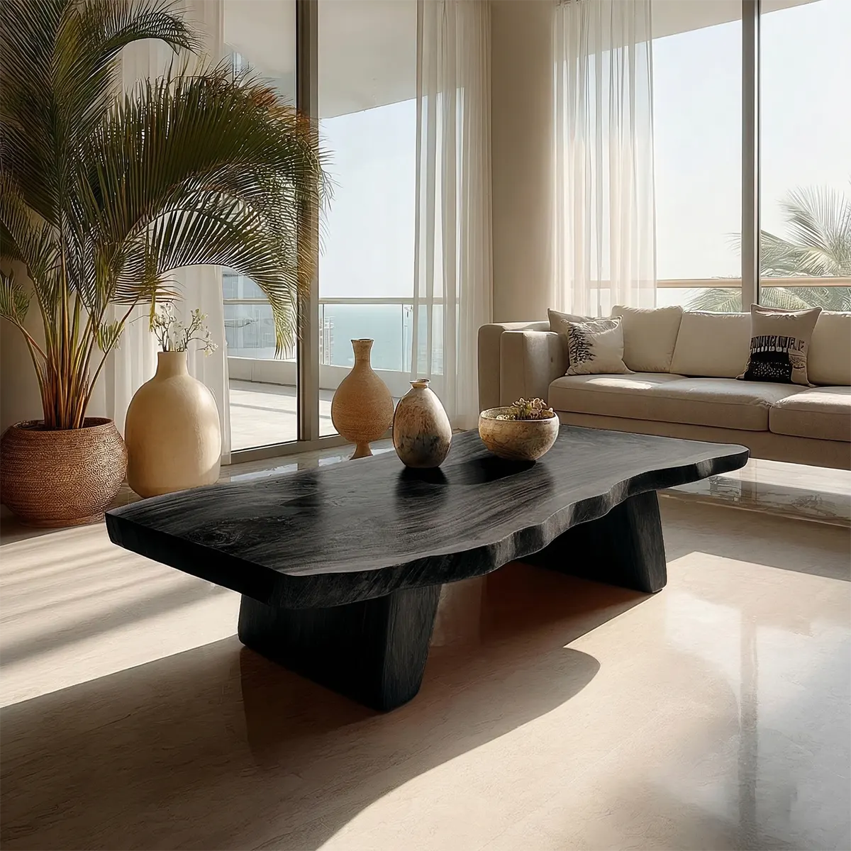 Organic Live Edge Coffee Table with Double Pedestal Base in Natural Solid Wood - Rustirawood