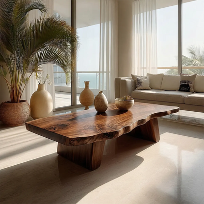 Organic Live Edge Coffee Table with Double Pedestal Base in Natural Solid Wood - Rustirawood