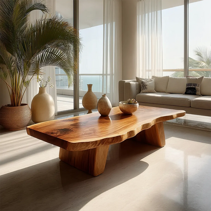 Organic Live Edge Coffee Table with Double Pedestal Base in Natural Solid Wood - Woodenecho