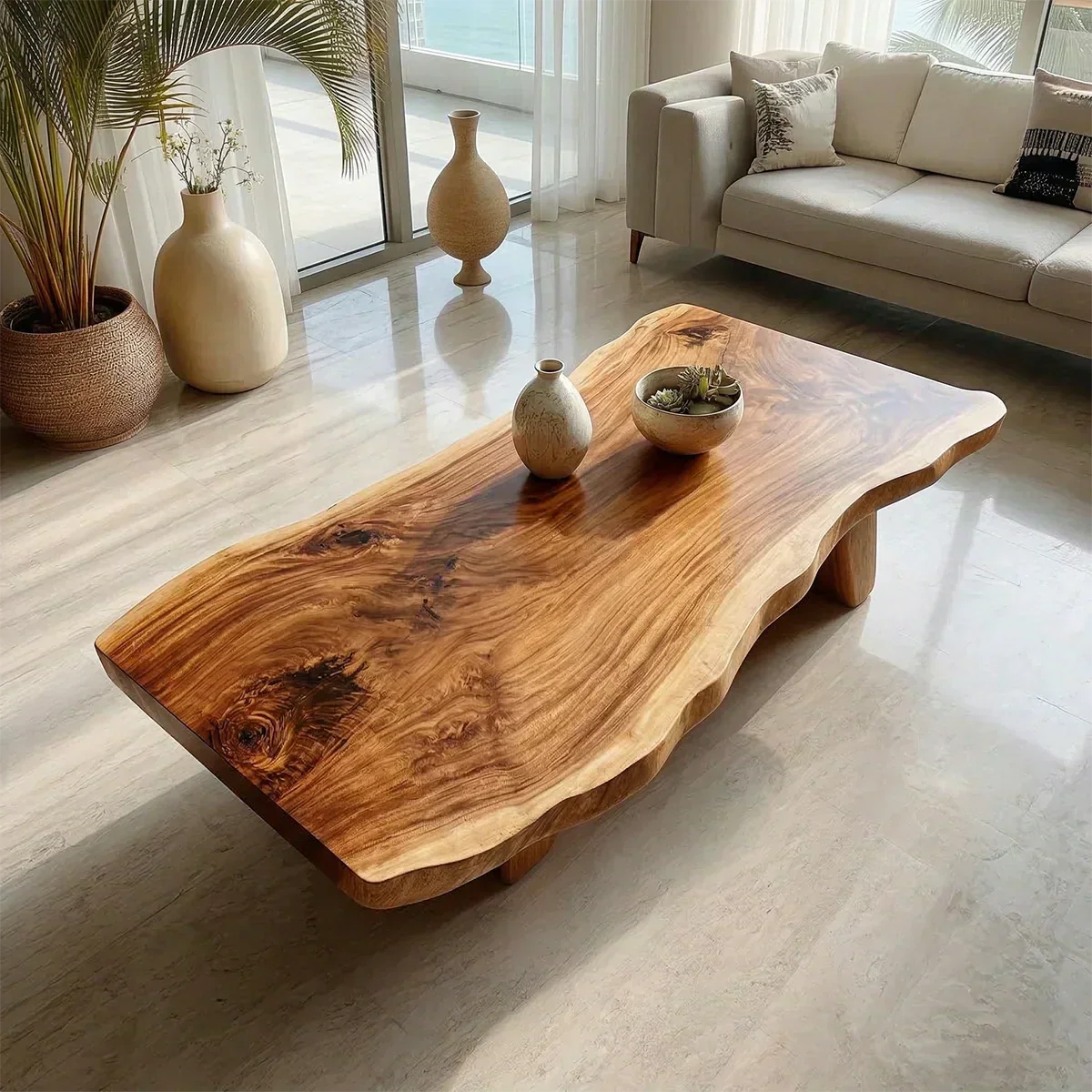 Organic Live Edge Coffee Table with Double Pedestal Base in Natural Solid Wood - Woodenecho