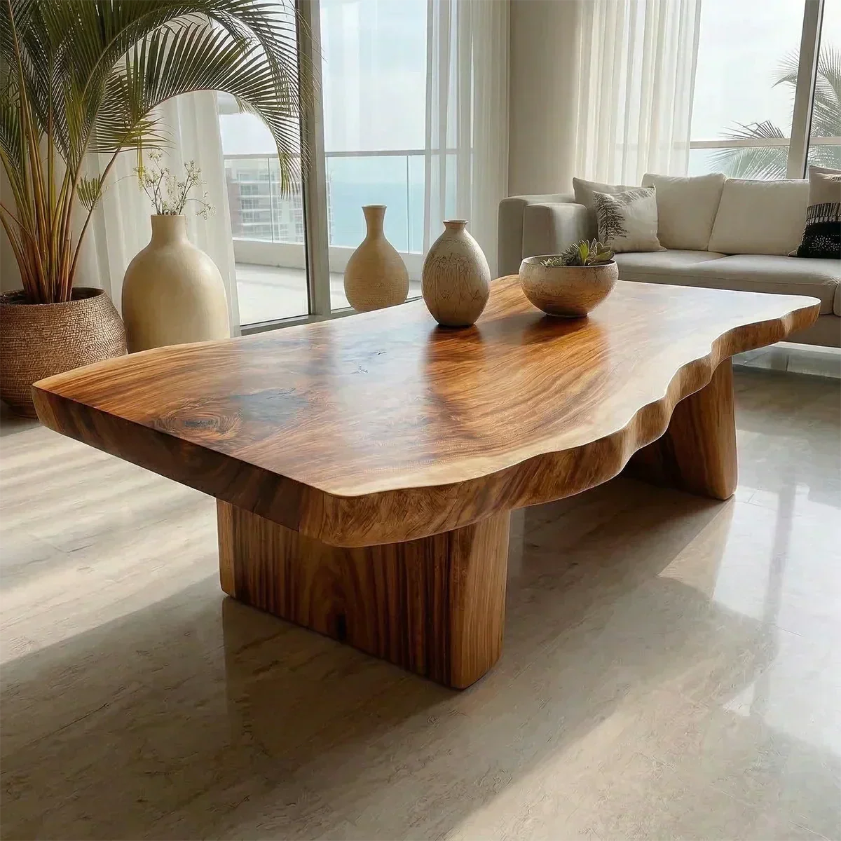 Organic Live Edge Coffee Table with Double Pedestal Base in Natural Solid Wood - Woodenecho