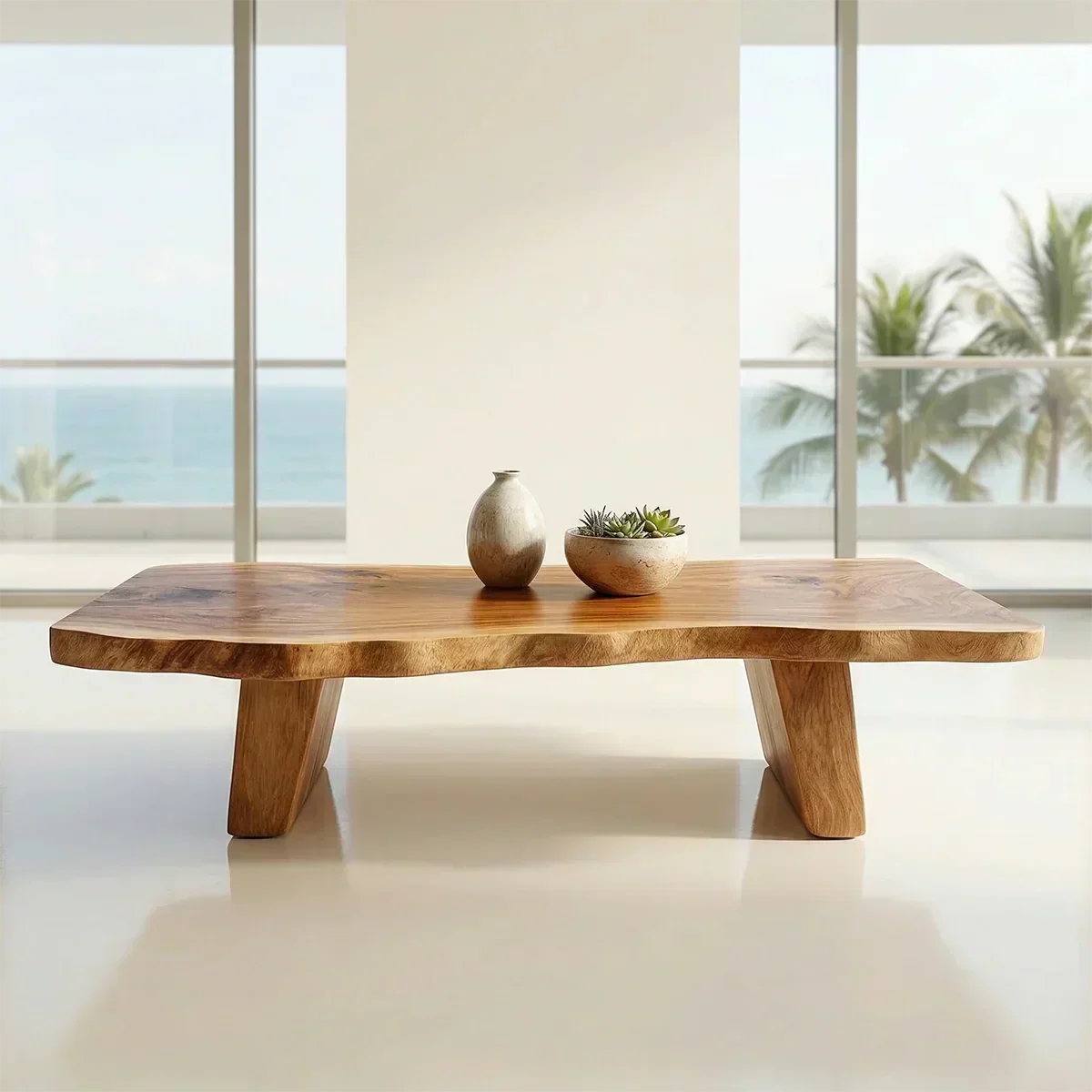 Organic Live Edge Coffee Table with Double Pedestal Base in Natural Solid Wood - Woodenecho