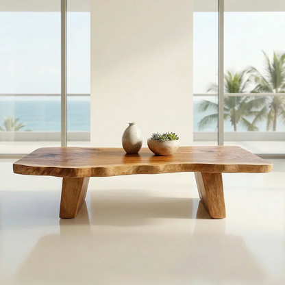 Organic Live Edge Coffee Table with Double Pedestal Base in Natural Solid Wood - Woodenecho