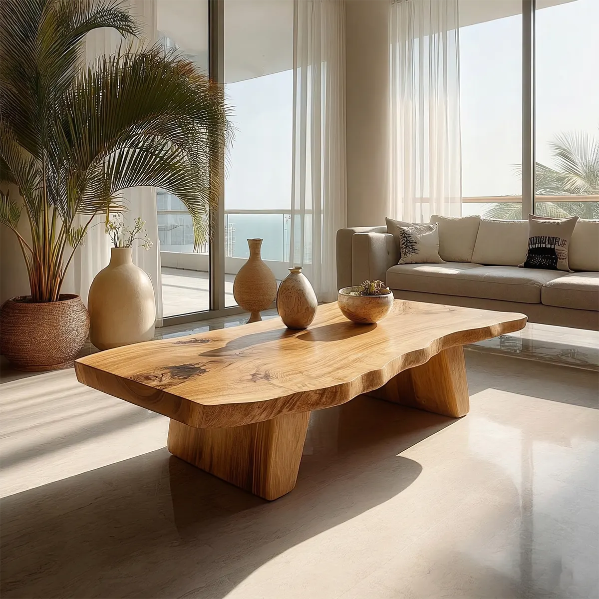 Organic Live Edge Coffee Table with Double Pedestal Base in Natural Solid Wood - Woodenecho