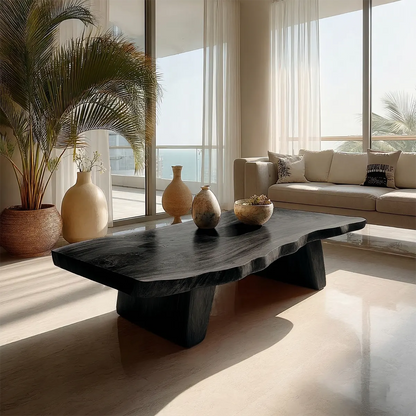 Organic Live Edge Coffee Table with Double Pedestal Base in Natural Solid Wood - Woodenecho