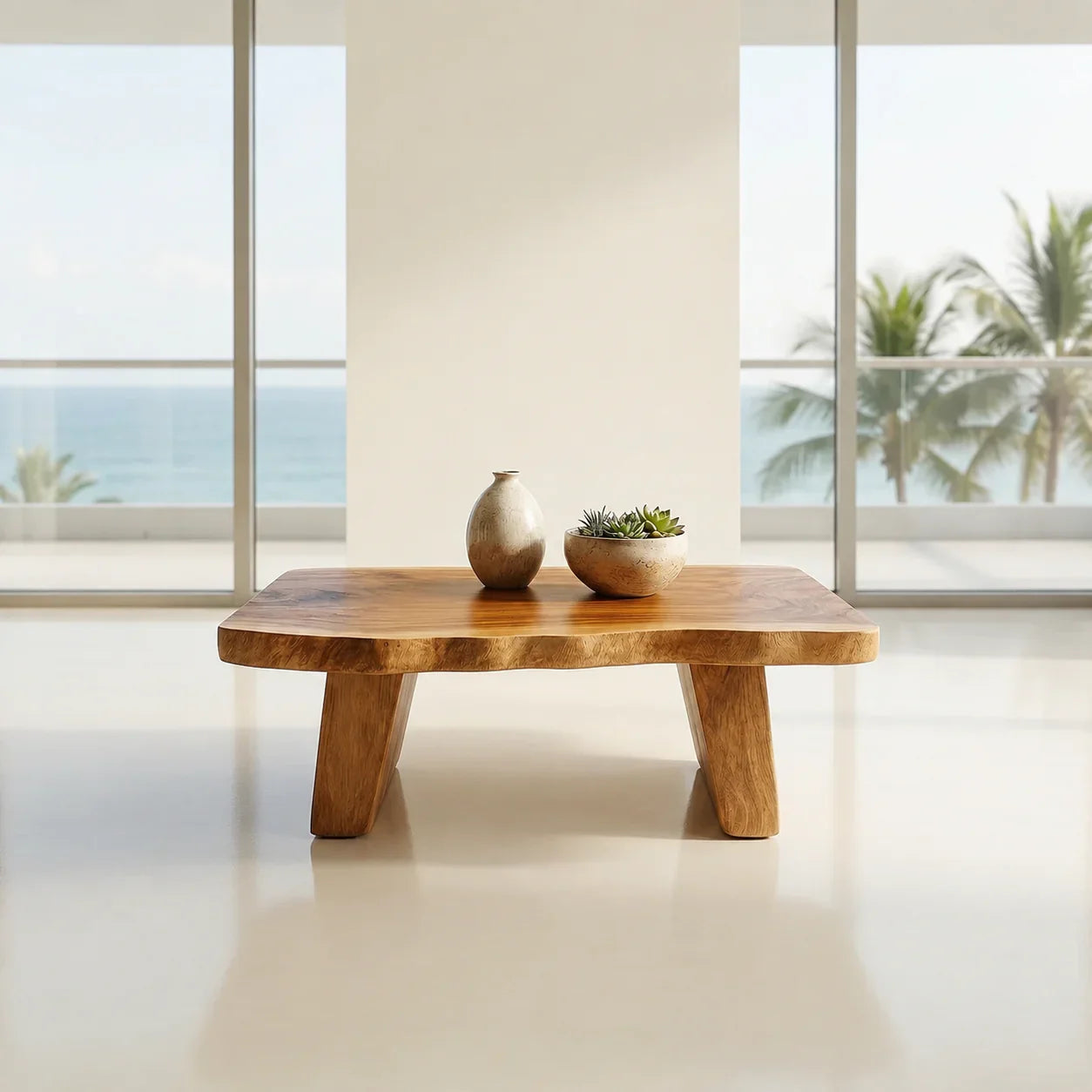 Organic Live Edge Coffee Table with Double Pedestal Base in Natural Solid Wood - Woodenecho