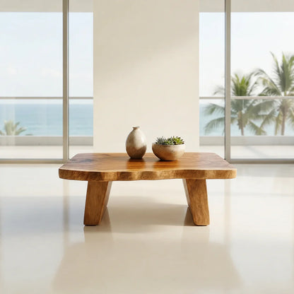 Organic Live Edge Coffee Table with Double Pedestal Base in Natural Solid Wood - Woodenecho