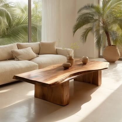 Organic Live Edge Coffee Table with Thick Slab Top in Natural Solid Wood - Woodenecho
