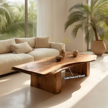 Organic Live Edge Coffee Table with Thick Slab Top in Natural Solid Wood - Woodenecho