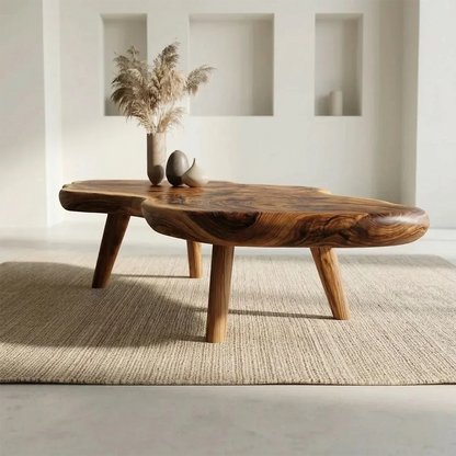 Organic Live Edge Natural Solid Wood Coffee Table with Sculptural Legs - Rustirawood
