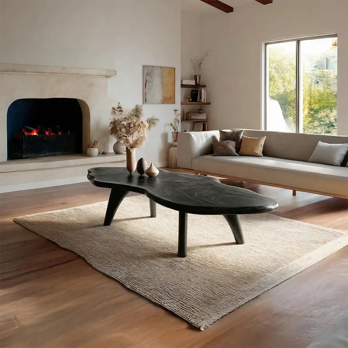 Organic Live Edge Natural Solid Wood Coffee Table with Sculptural Legs - Rustirawood