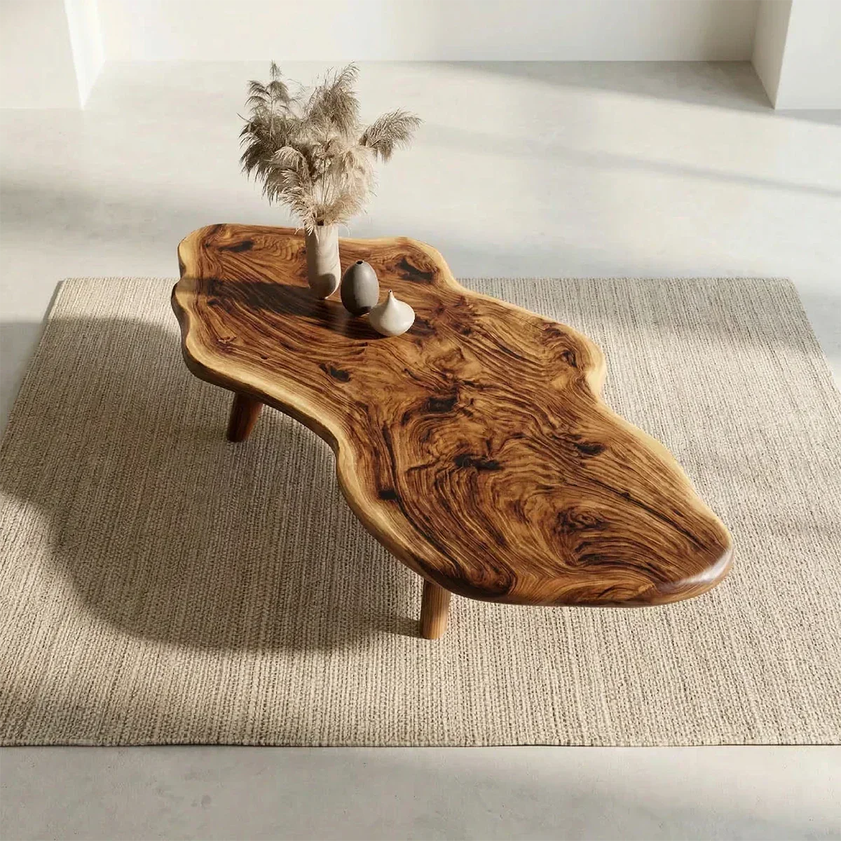 Organic Live Edge Natural Solid Wood Coffee Table with Sculptural Legs - Woodenecho
