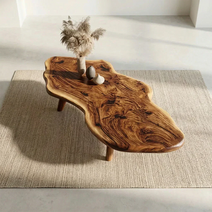 Organic Live Edge Natural Solid Wood Coffee Table with Sculptural Legs - Woodenecho