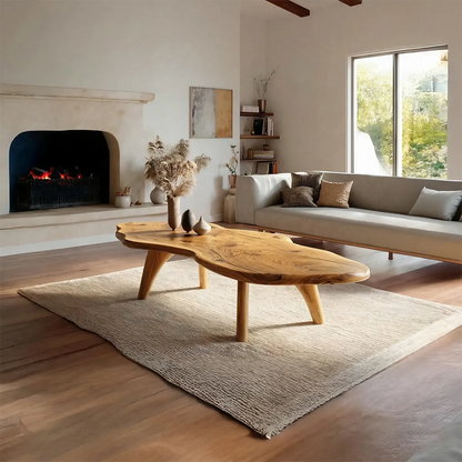 Organic Live Edge Natural Solid Wood Coffee Table with Sculptural Legs - Woodenecho