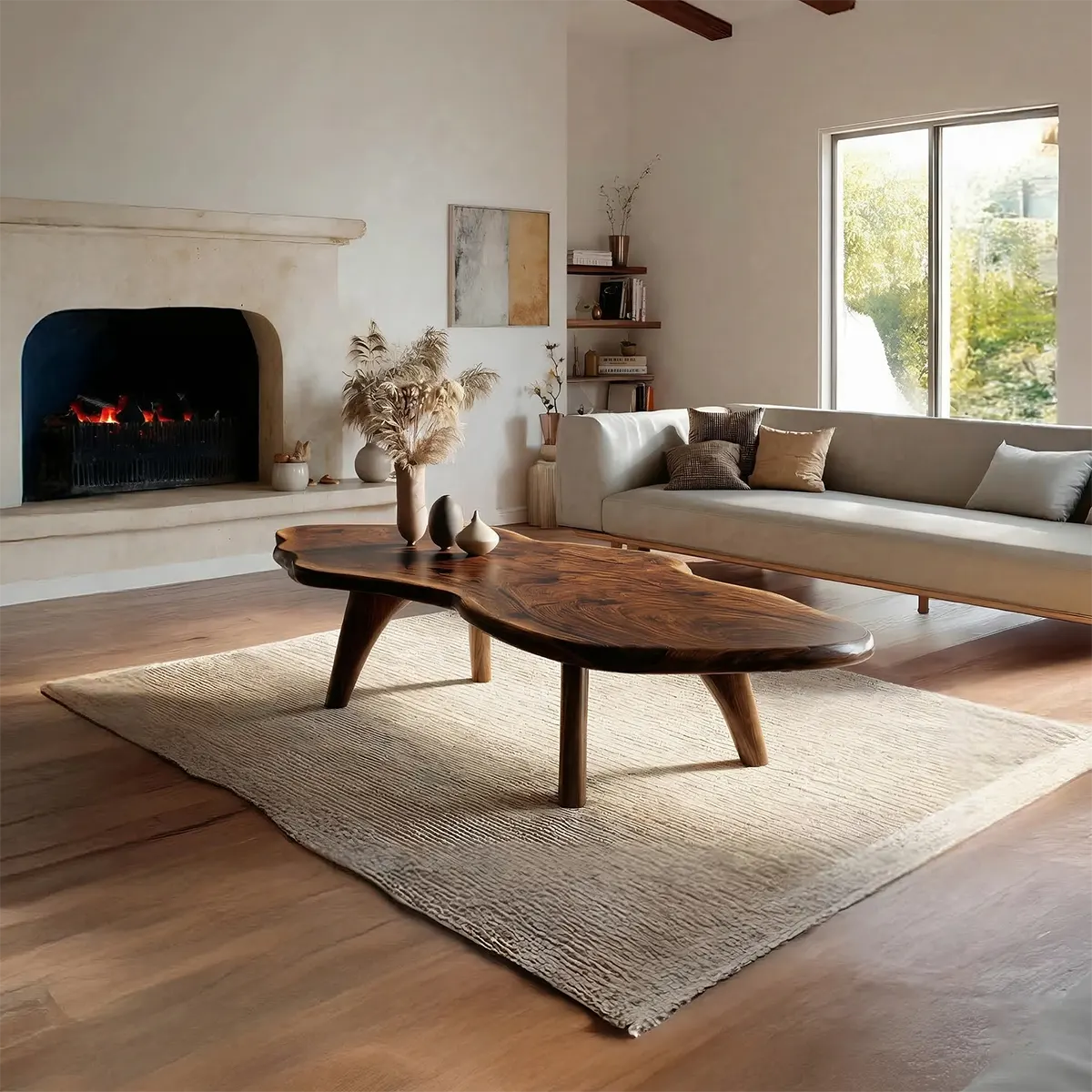Organic Live Edge Natural Solid Wood Coffee Table with Sculptural Legs - Woodenecho