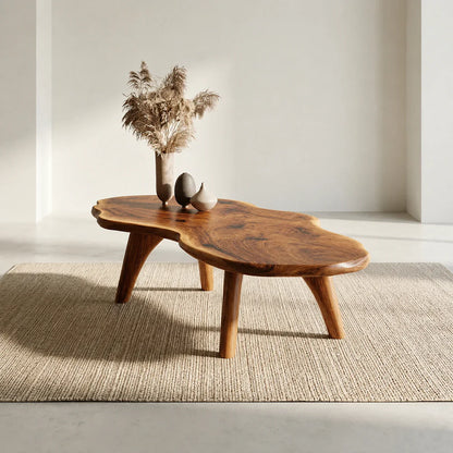 Organic Live Edge Natural Solid Wood Coffee Table with Sculptural Legs - Woodenecho