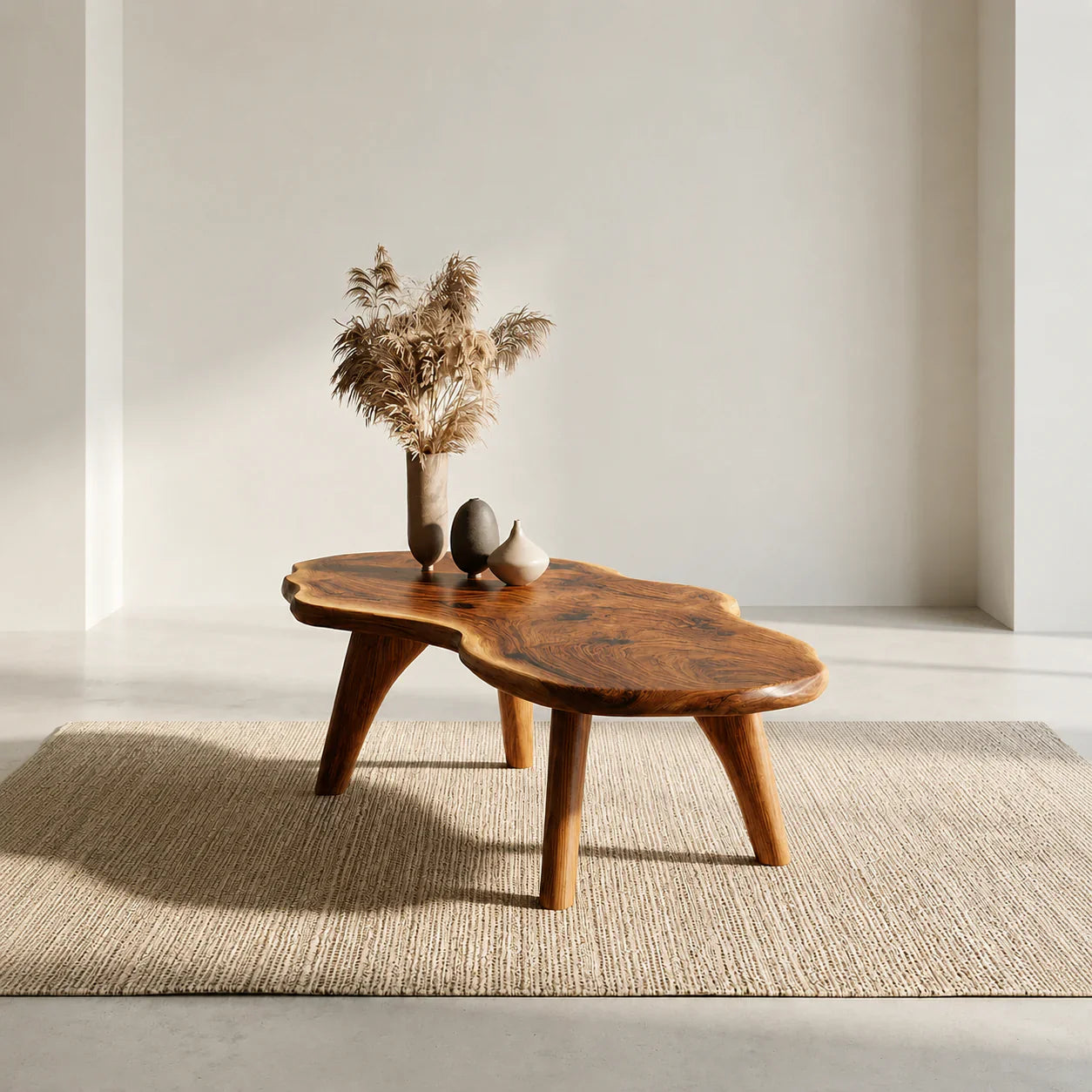 Organic Live Edge Natural Solid Wood Coffee Table with Sculptural Legs - Woodenecho