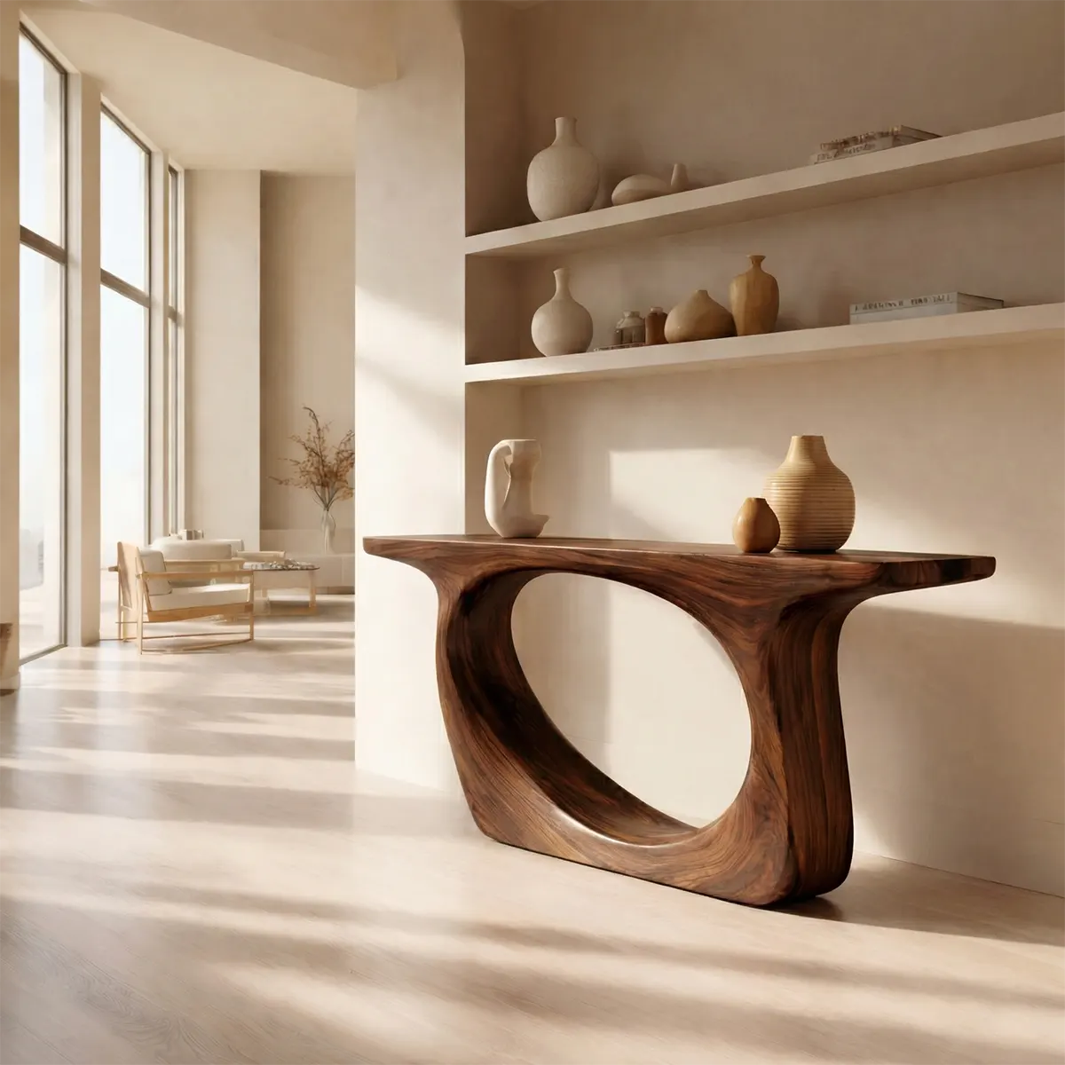 Organic Modern Solid Wood Console Table with Sculptural Curved Form - Woodenecho