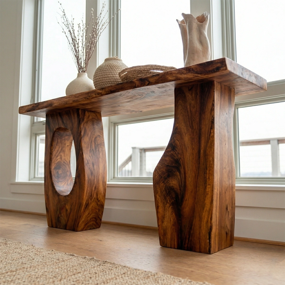 Organic Sculptural Solid Wood Console Table for Entryway Decor - Woodenecho