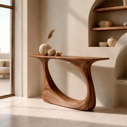 Organic Sculptural Solid Wood Console Table with Curved Artistic Base - Woodenecho