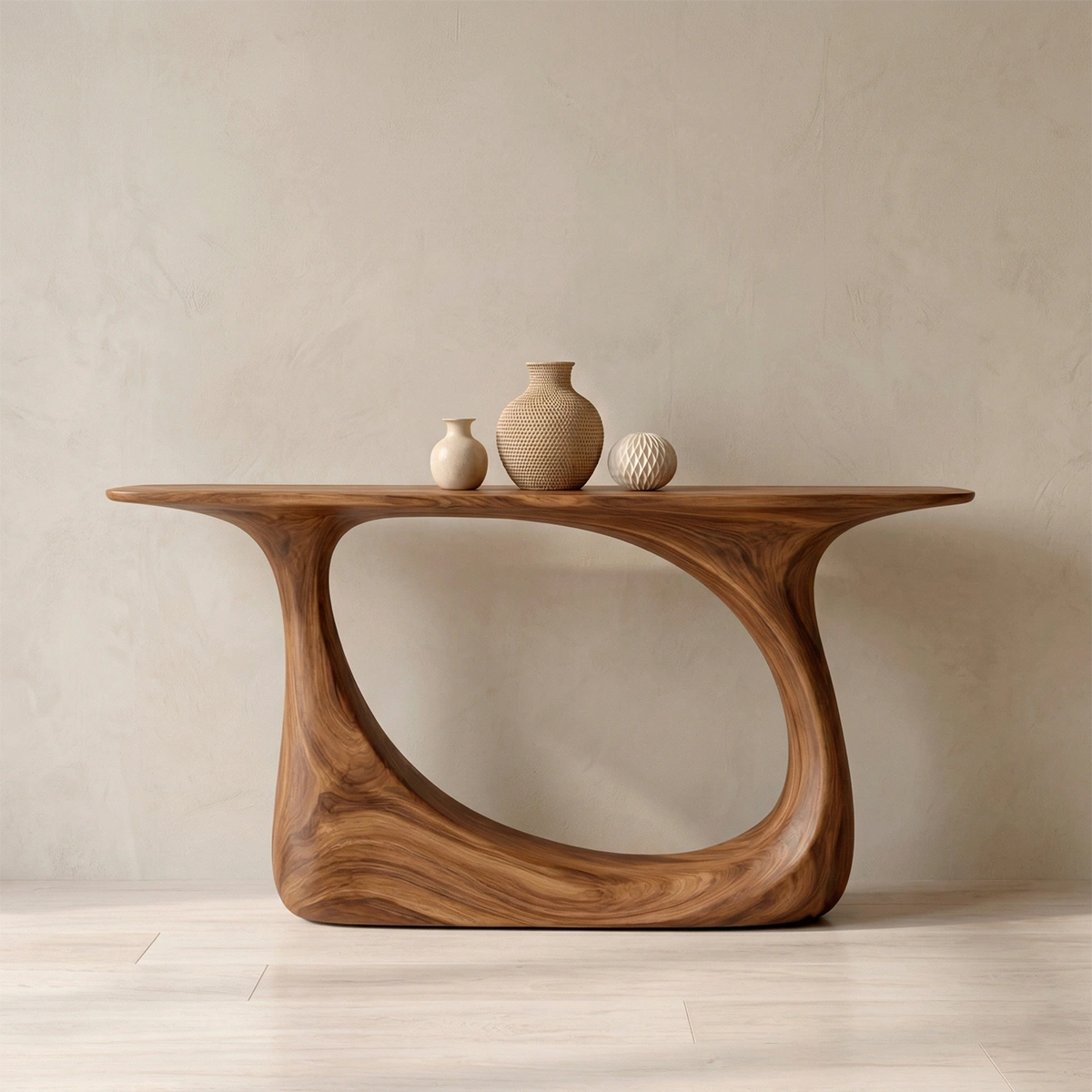 Organic Sculptural Solid Wood Console Table with Curved Artistic Base - Woodenecho