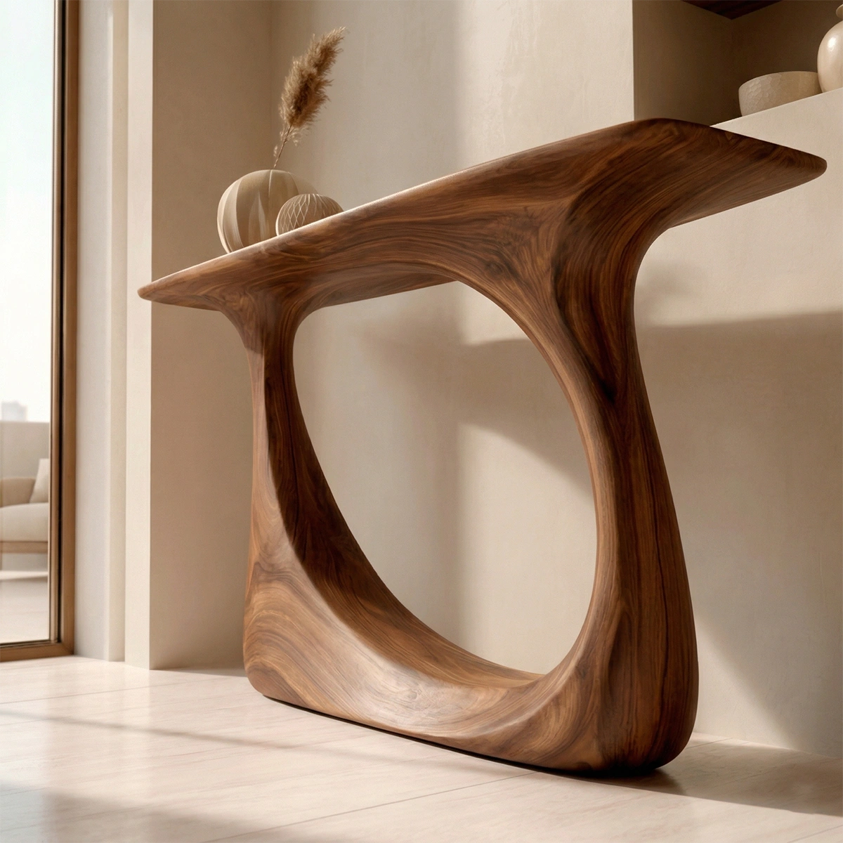 Organic Sculptural Solid Wood Console Table with Curved Artistic Base - Woodenecho