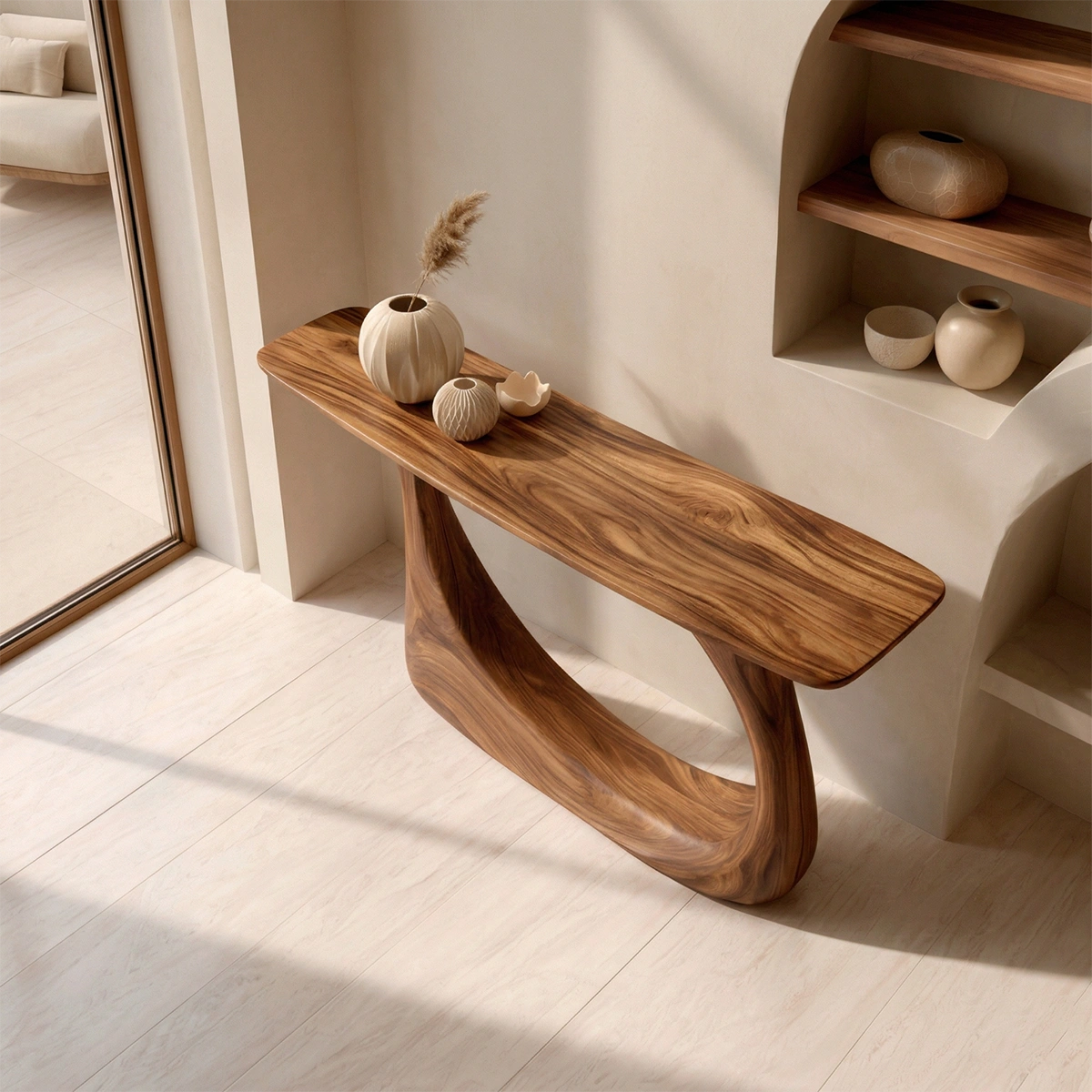 Organic Sculptural Solid Wood Console Table with Curved Artistic Base - Woodenecho