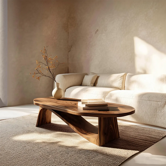Oval Sculptural Coffee Table with Bridge Base in Natural Solid Wood - Rustirawood