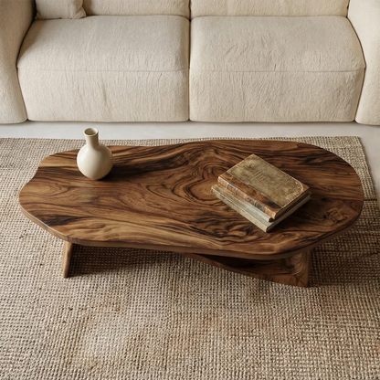 Oval Sculptural Coffee Table with Bridge Base in Natural Solid Wood - Rustirawood