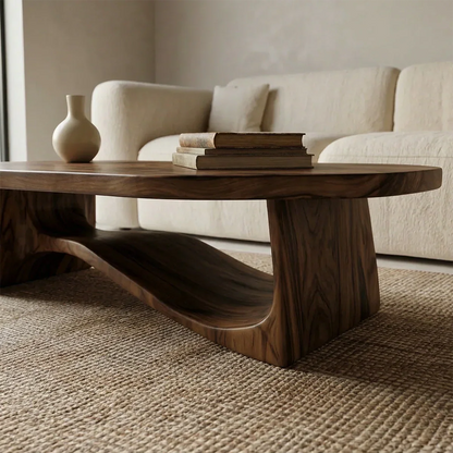 Oval Sculptural Coffee Table with Bridge Base in Natural Solid Wood - Rustirawood