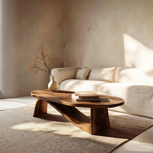 Oval Sculptural Coffee Table with Bridge Base in Natural Solid Wood - Woodenecho
