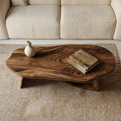 Oval Sculptural Coffee Table with Bridge Base in Natural Solid Wood - Woodenecho
