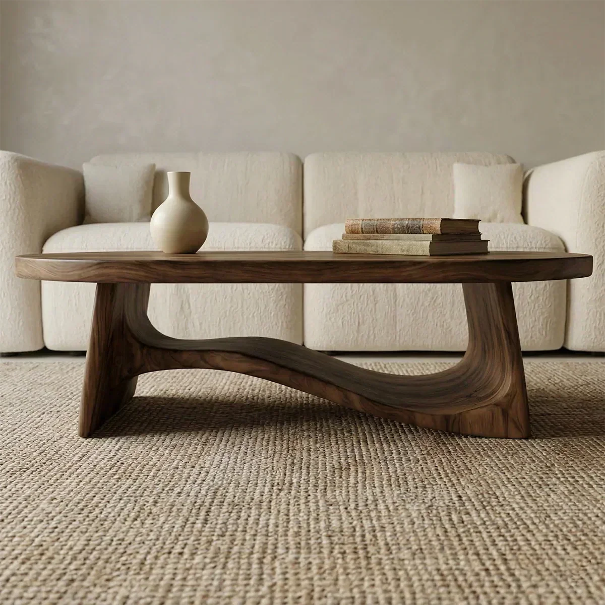 Oval Sculptural Coffee Table with Bridge Base in Natural Solid Wood - Woodenecho