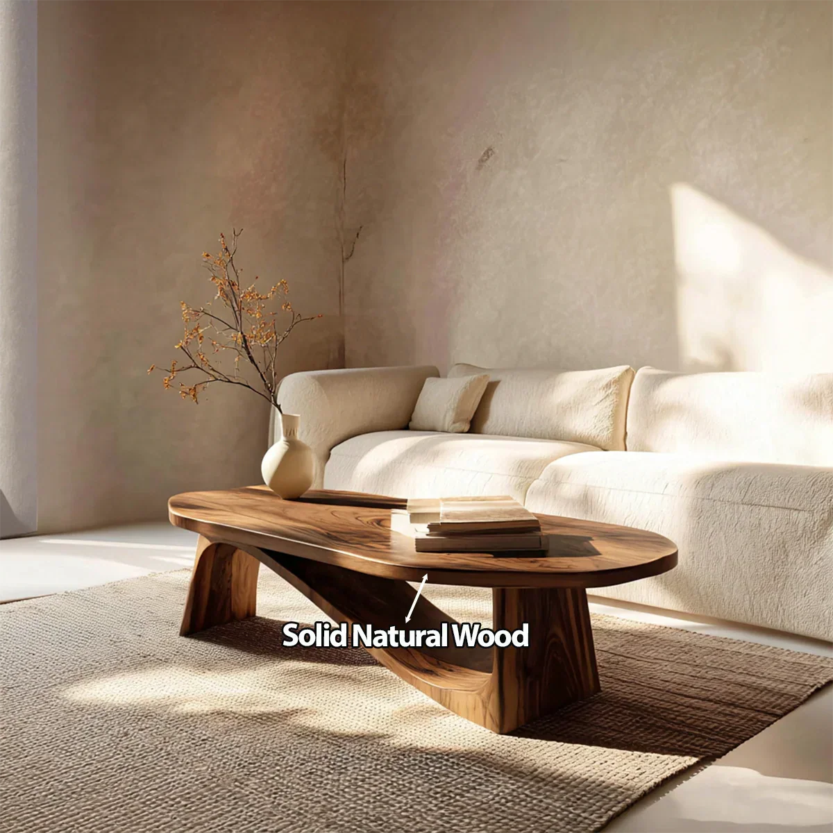 Oval Sculptural Coffee Table with Bridge Base in Natural Solid Wood - Woodenecho