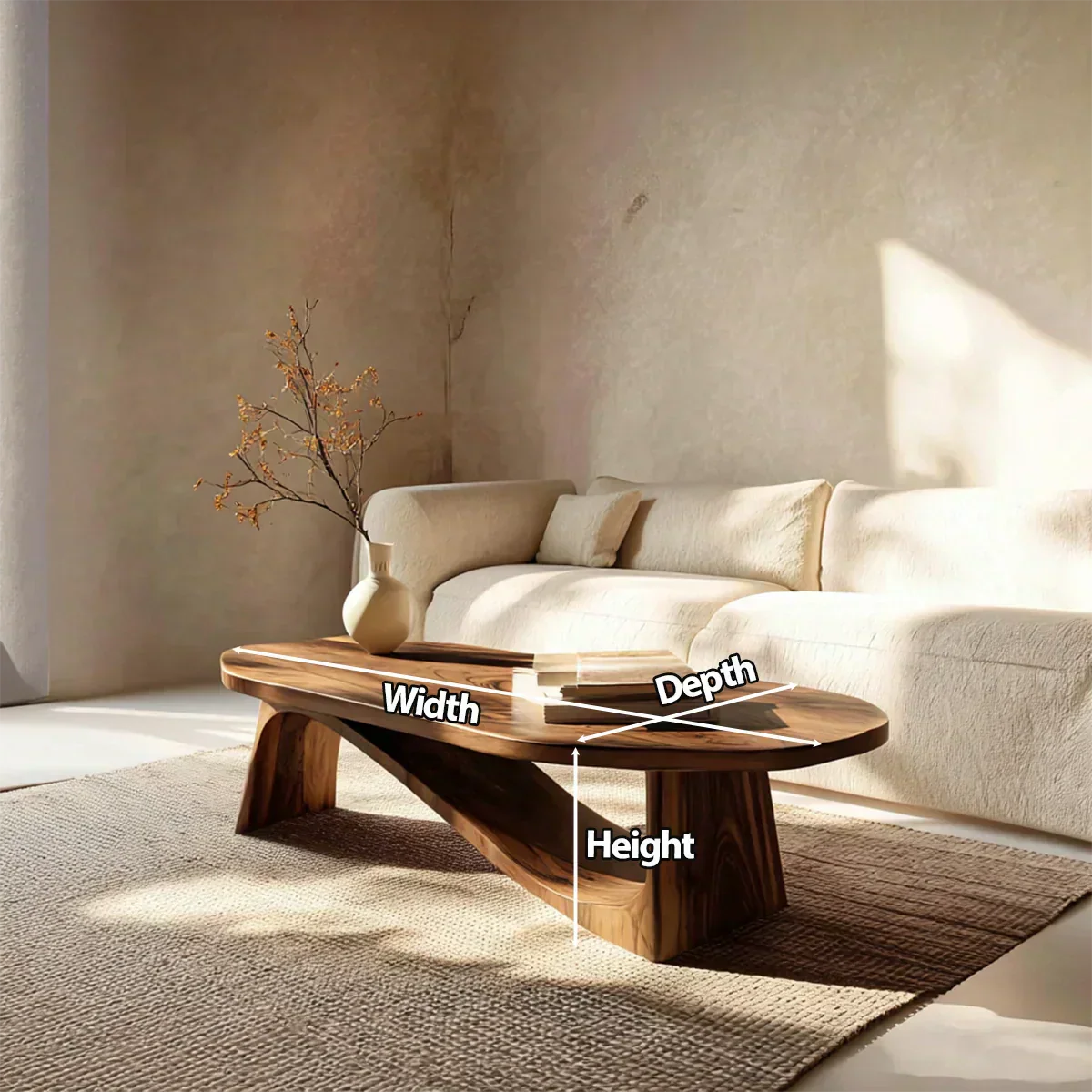 Oval Sculptural Coffee Table with Bridge Base in Natural Solid Wood - Woodenecho
