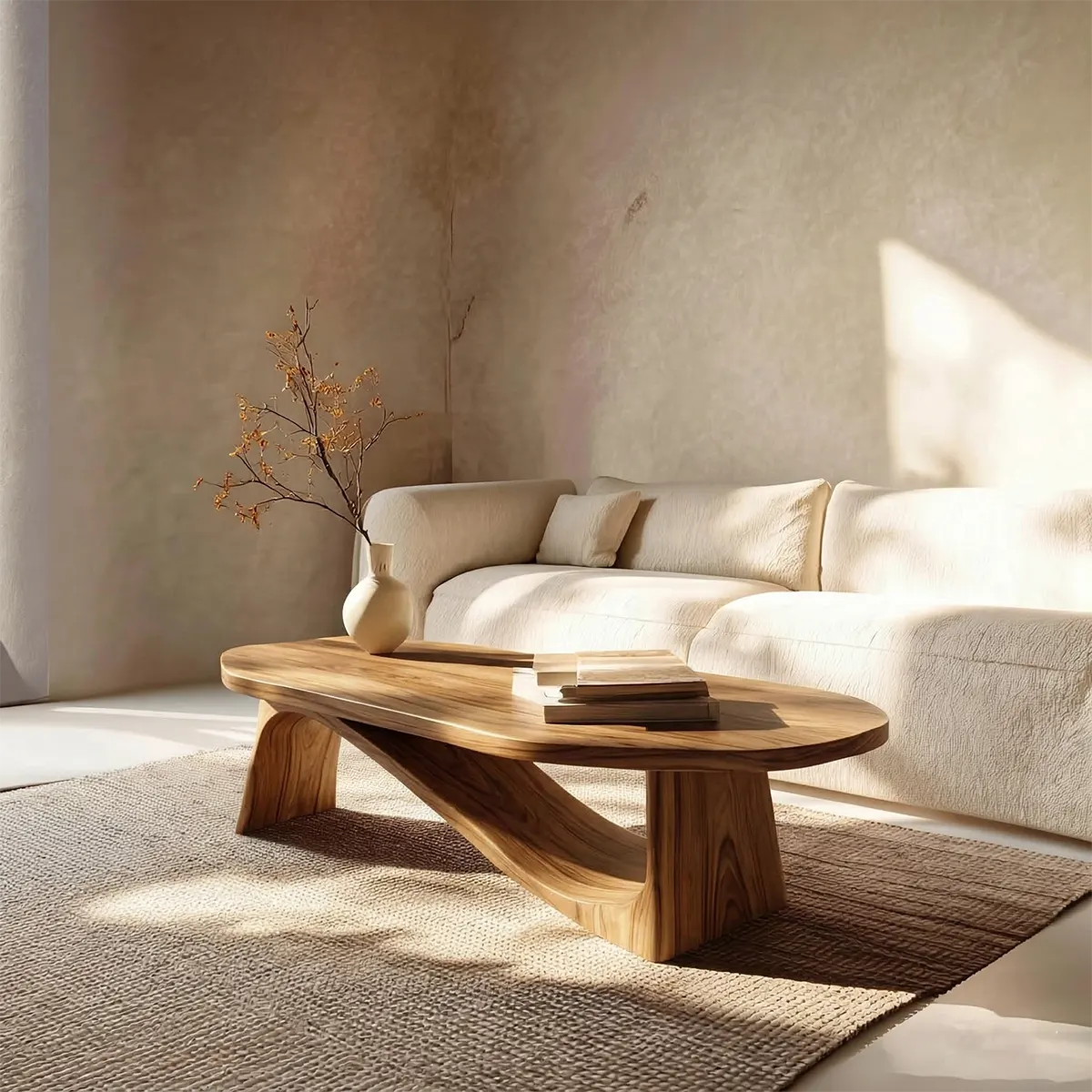 Oval Sculptural Coffee Table with Bridge Base in Natural Solid Wood - Woodenecho