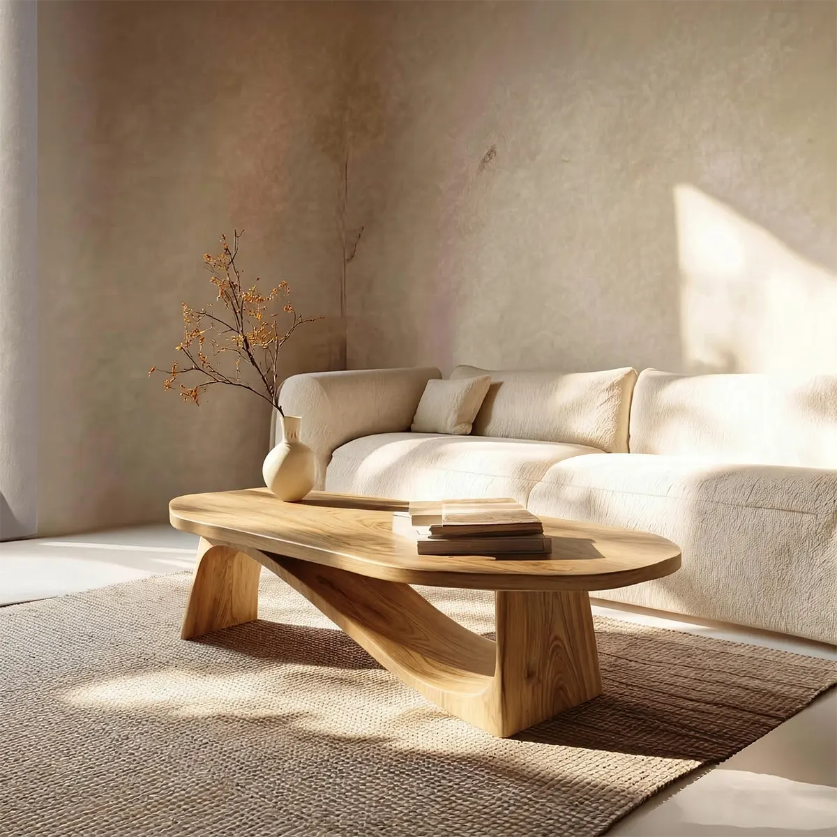 Oval Sculptural Coffee Table with Bridge Base in Natural Solid Wood - Woodenecho