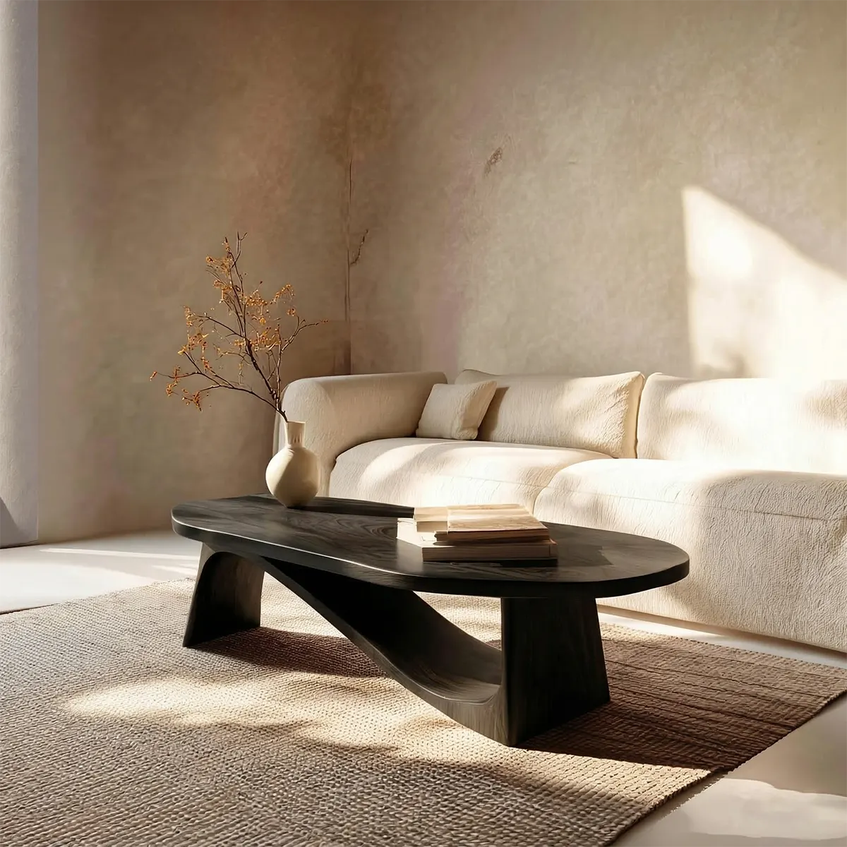 Oval Sculptural Coffee Table with Bridge Base in Natural Solid Wood - Woodenecho
