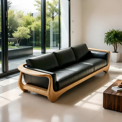 Premium Leather & Natural Solid Wood Sofa – Sculpted Modern Form - Rustirawood