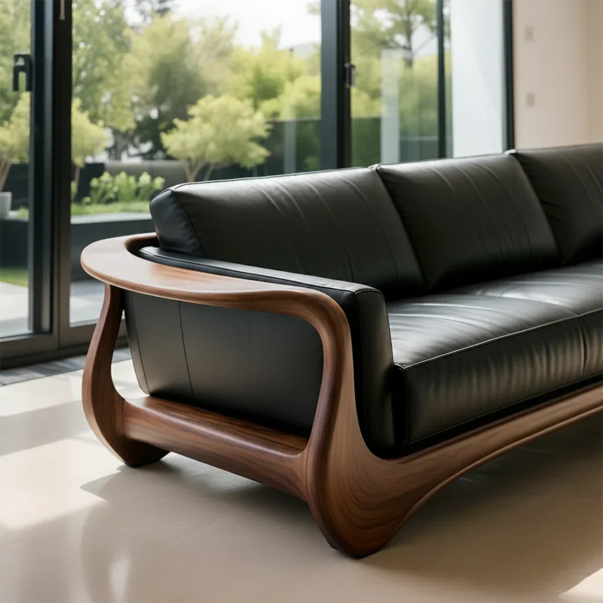 Premium Leather & Natural Solid Wood Sofa – Sculpted Modern Form - Rustirawood