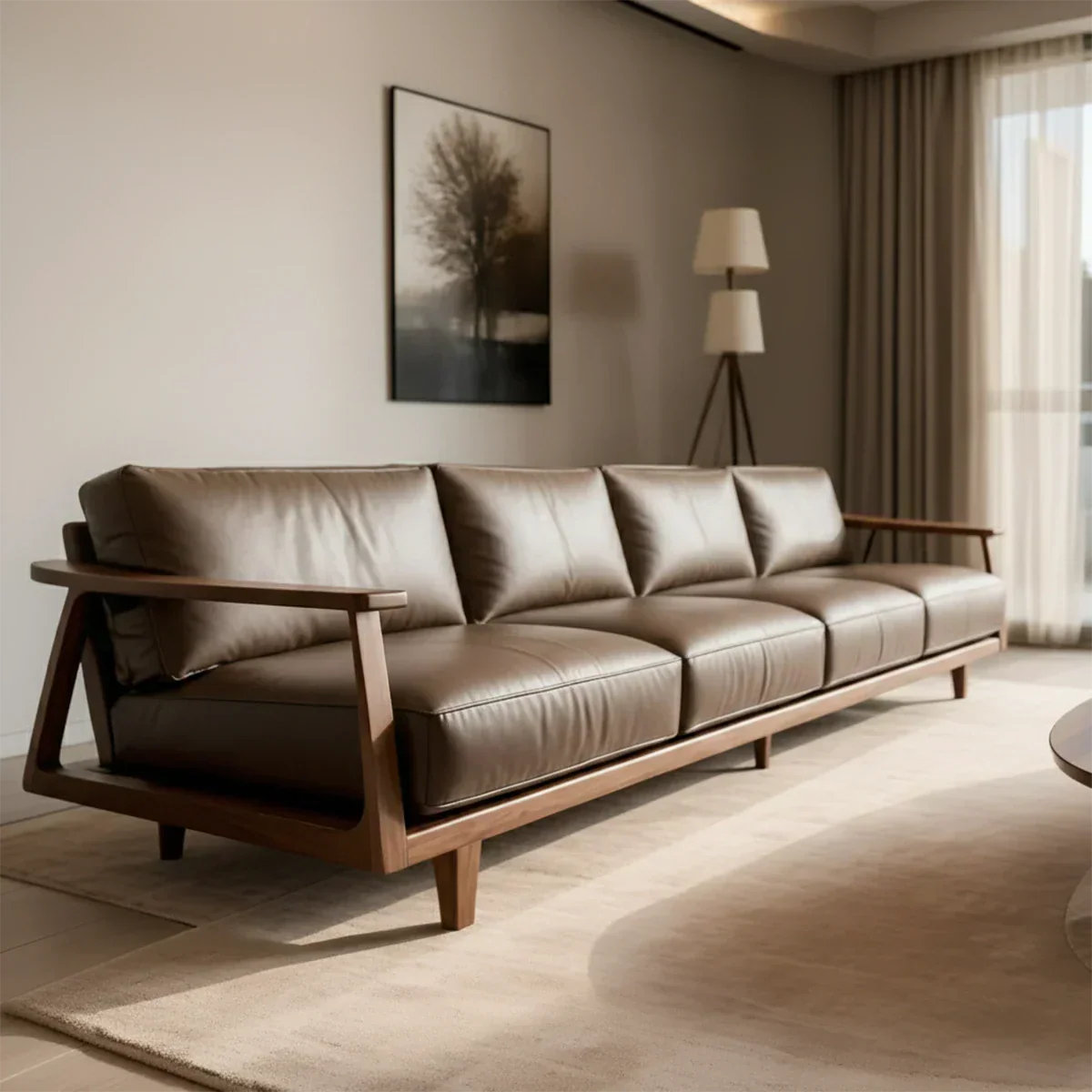 Premium Leather Sofa – Solid Wood Frame, Modern Minimalist Design - Rustirawood 