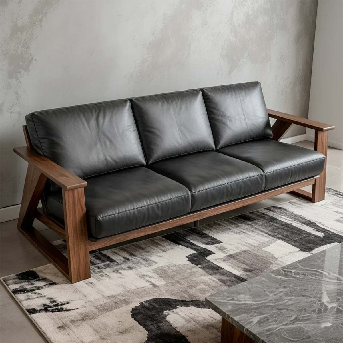 Premium Leather Sofa with Modern Z-Frame in Natural Solid Wood - Rustirawood