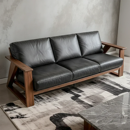 Premium Leather Sofa with Modern Z-Frame in Natural Solid Wood - Woodenecho