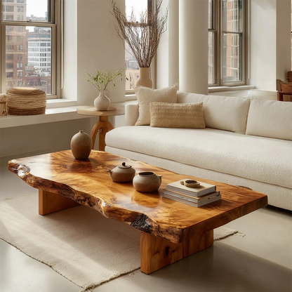 Premium Live Edge Coffee Table with Low Pedestal Base in Natural Solid Wood - Rustirawood