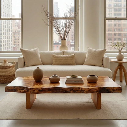 Premium Live Edge Coffee Table with Low Pedestal Base in Natural Solid Wood - Rustirawood