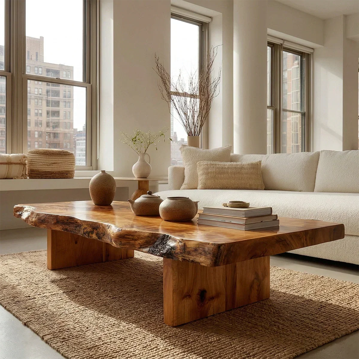 Premium Live Edge Coffee Table with Low Pedestal Base in Natural Solid Wood - Rustirawood