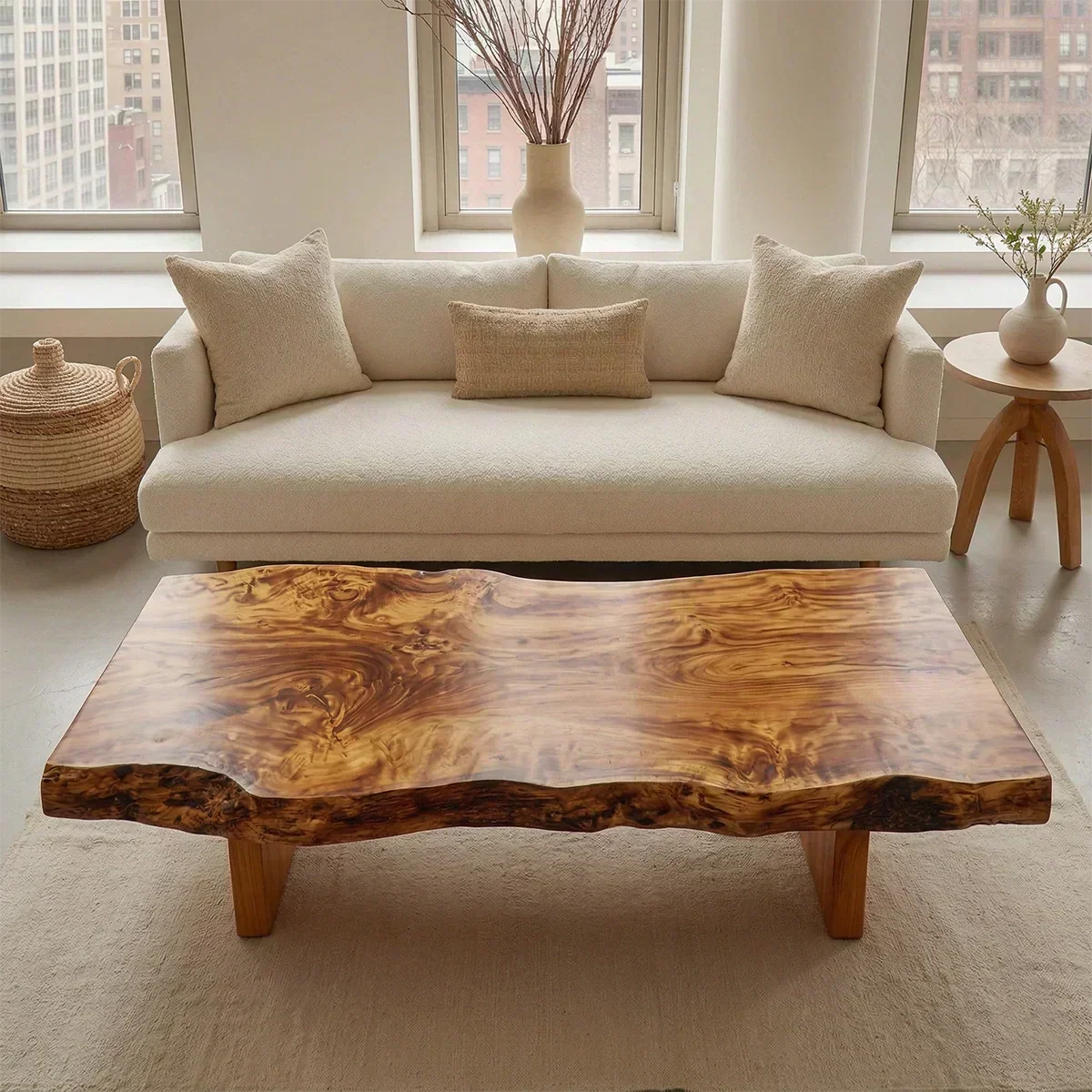 Premium Live Edge Coffee Table with Low Pedestal Base in Natural Solid Wood - Woodenecho