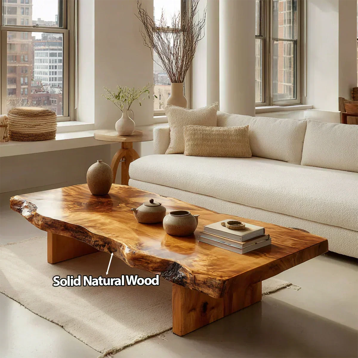 Premium Live Edge Coffee Table with Low Pedestal Base in Natural Solid Wood - Woodenecho