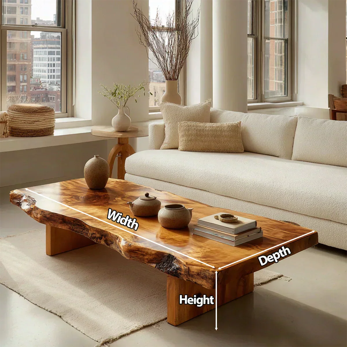 Premium Live Edge Coffee Table with Low Pedestal Base in Natural Solid Wood - Woodenecho